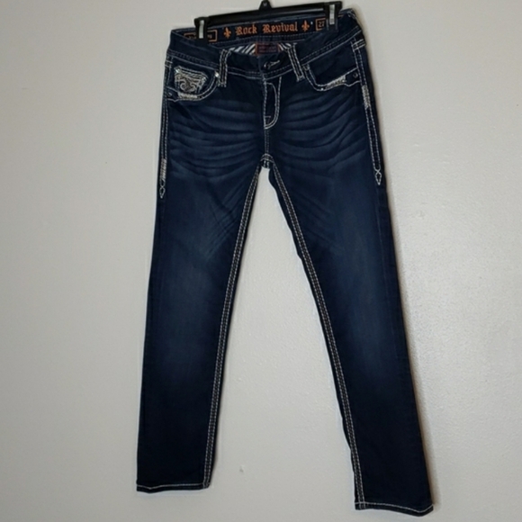 Rock Revival Easy Skinny Chile Blue Jeans Overstitched  Luxury Slip Pocket Chic - Picture 2 of 16